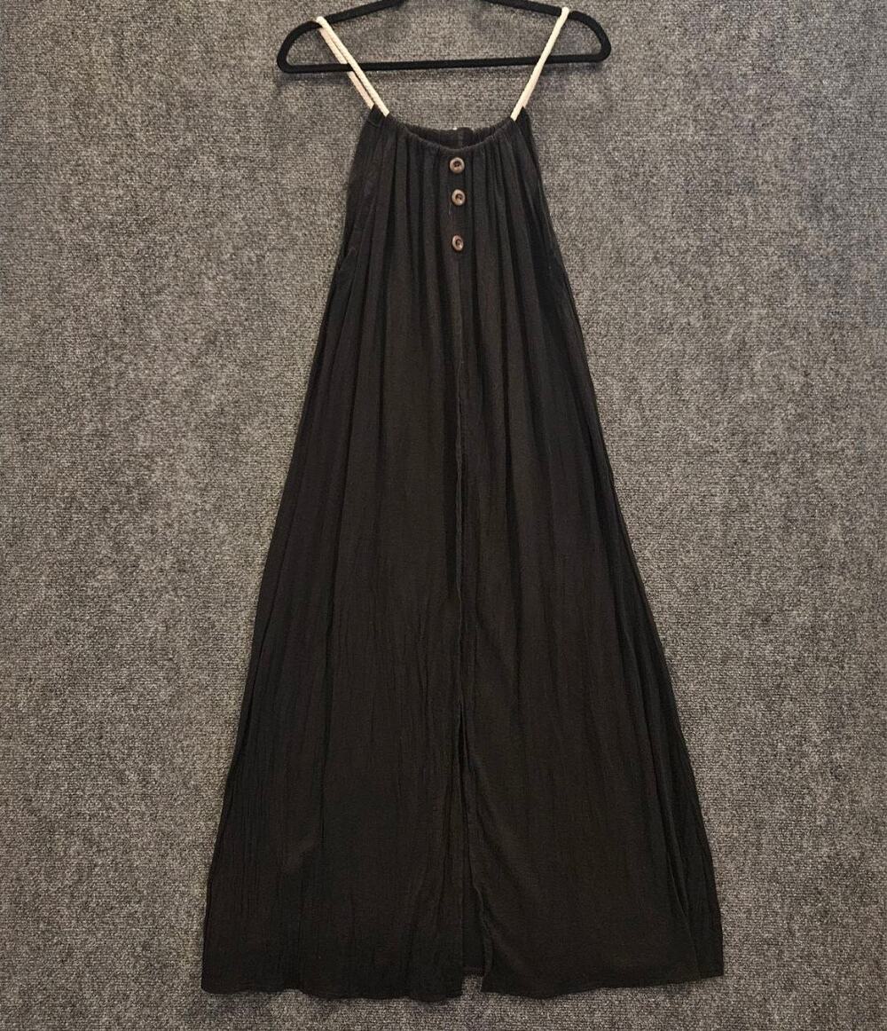 Alé Light Fashion Black Crinkle Gauze Maxi Dress Rope Strap Size S